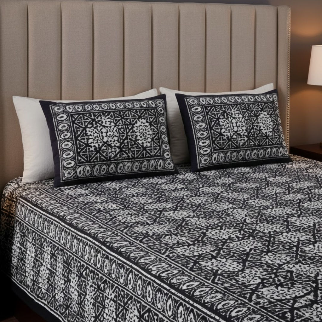 Grey Buta Dabu Print Jaipuri Double Bedsheet